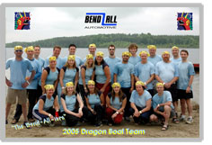 The Bend All Dragon boat team. Three rows of employees, two standing and one kneeling. All are wearing sky blue shirts with yellow bandanas.